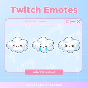 May include: A digital graphic featuring three cloud-themed Twitch emotes with different expressions: happy, sad, and angry. The text "Twitch Emotes" and "Cute Cloud Theme" are displayed above the emotes. A pink button reads "Instant Download!"