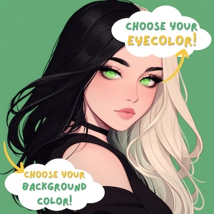 May include: A digital illustration of a woman with black and white hair. The woman has green eyes and is looking to the right. The background is green. The text "Choose your eye color!" and "Choose your background color!" is written in speech bubbles.