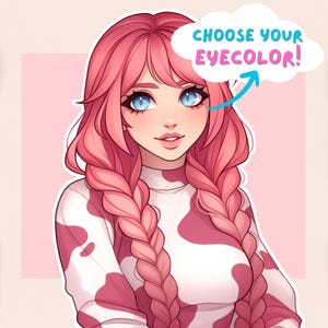 Könnte beinhalten: Digitale Illustration einer Frau mit rosa geflochtenem Haar und blauen Augen. Sie trägt ein weißes und rosa Kuhmuster-Oberteil. Eine Sprechblase über ihrem Kopf lautet "CHOOSE YOUR EYECOLOR!"
