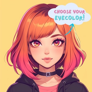 Pode incluir: Uma ilustração digital de uma jovem com cabelo laranja e rosa, usando um colar preto e um moletom preto. A mulher tem olhos grandes de cor laranja e um sorriso suave. Uma bolha de pensamento acima de sua cabeça diz "Escolha a cor dos seus olhos!"