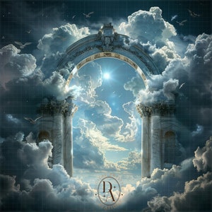 May include: A stone archway with a cloudy sky behind it. The archway is made of white stone and has a decorative top. The sky is a light blue with white clouds.