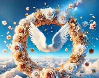 Heaven Background, Memorial Button Wreath Heaven, Rest In Heaven, In Loving Memory, Angel Wings Cloud Background, Funeral Program, Obituary