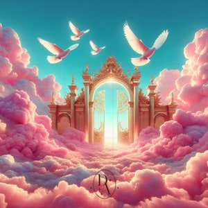 Op de afbeelding: Een gouden poort met twee open deuren die leiden naar een helder licht in een hemel vol roze wolken en witte duiven die erboven vliegen.