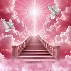 Può includere: Una scala per il cielo con colombe bianche che volano in un cielo rosa con nuvole bianche.