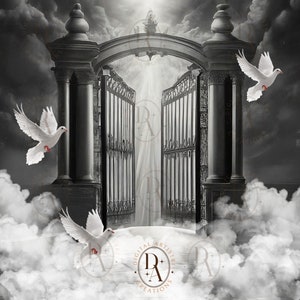 May include: A black and white image of a large, ornate gate opening to a bright light.  The gate is made of metal and has a large archway.  There are three white doves flying towards the gate.  The image is set against a cloudy sky.