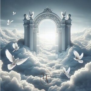 Pode incluir: Um arco branco adornado com um portão aberto para uma luz brilhante, cercado por nuvens brancas e fofas. Pombas brancas voam ao redor do arco.