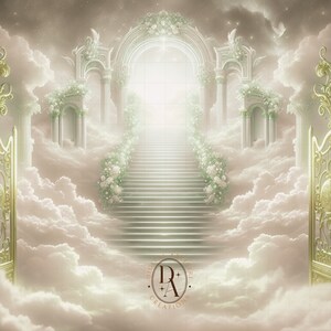 May include: A white, ornate archway with a stairway leading up to a bright light. The archway is surrounded by clouds and flowers. The text "Digital Art Creations" is visible in the lower right corner.
