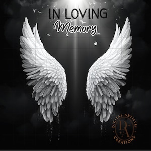 Fondo conmemorativo negro elegante, alas de ángel, diseño personalizable, descarga instantánea, archivo PNG de diseño elegante de alas de ángel, descarga instantánea