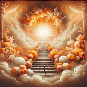以下が含まれることがあります： 天国への階段。オレンジと白の花で飾られた金色のアーチがあり、明るい光に向かって伸びています。階段は雲と花に囲まれています。