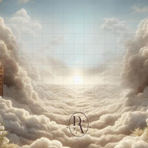 May include: A digital art backdrop featuring a white and gold gate with candles, set against a background of fluffy white clouds and a bright, golden sun.