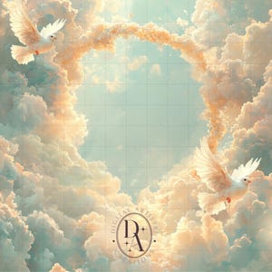 Puede incluir: Dos palomas blancas vuelan por un cielo azul brillante con nubes blancas y esponjosas. Las nubes forman una forma de corazón en el centro de la imagen. El texto "DIGITAL ARTISTRY CREATIONS" está en el centro inferior de la imagen.