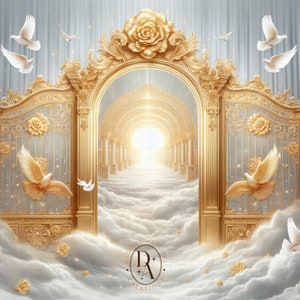 May include: A golden gate with intricate details opens to a pathway of clouds leading to a bright light. White doves fly around the gate, symbolizing peace and hope.