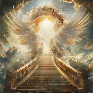 May include: A golden staircase leading up to a bright light shining through a golden archway in the clouds. Two large white wings are on either side of the archway.