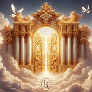 May include: A golden gate with ornate details opens to reveal a bright light. Two white doves fly above the gate, which is set against a cloudy sky.