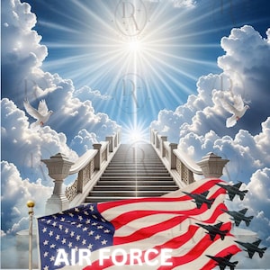 Può includere: Opera d'arte digitale raffigurante una scala verso il cielo con una bandiera americana e la scritta Air Force. Sono presenti colombe bianche e jet da combattimento. Lo sfondo presenta nuvole e luce solare intensa.