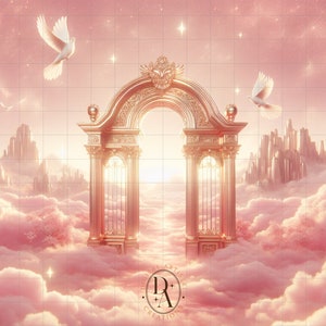 May include: A golden archway with ornate details stands in a pink and white cloudy sky.  The archway is surrounded by clouds and stars.  The text "Digital Artistry Creations" is visible at the bottom of the image.