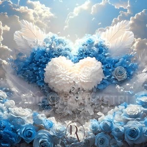 Puede incluir: Un arreglo floral en forma de corazón con rosas blancas y azules, rodeado de plumas blancas y sobre un cielo nublado. El arreglo presenta un corazón central de flores blancas y un borde de rosas azules.