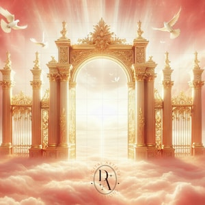 May include: A golden archway with ornate details, set against a red and white cloudy sky. Doves fly around the archway, symbolizing peace and hope.