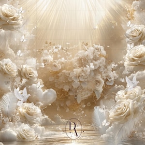 May include: A digital illustration of a heart-shaped bouquet of white roses and other flowers, surrounded by white feathers and doves, with a golden glow and a light blue sky in the background.