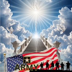 May include: A white staircase leading up to a bright light in a cloudy sky. An American flag with the word "ARMY" and a star is draped over the stairs. Seven silhouettes of soldiers stand at the bottom of the stairs.