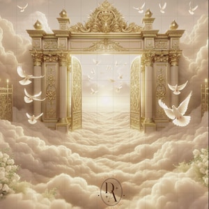May include: A golden gate with ornate details opens to reveal a bright, cloudy sky with white doves flying through the air. The gate is set against a backdrop of clouds.