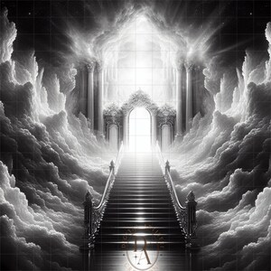 May include: A black and white image of a stairway leading up to a large, ornate doorway. The doorway is surrounded by clouds and a bright light shines through it. The text "DOTTA ARTISTRY" is visible at the bottom of the image.