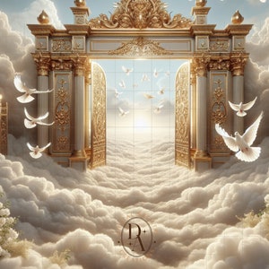 May include: A golden archway with ornate details opens to a cloudy sky with white doves flying through the air. The archway is set against a backdrop of fluffy white clouds.