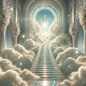 Pode incluir: Uma escada para o céu, com uma luz brilhante no topo, cercada por nuvens e um arco adornado brilhante.