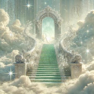 Op de afbeelding: Een trap naar de hemel, met een grote, sierlijke boog aan de bovenkant, die leidt naar een helder, wit licht. De trap is gemaakt van wit steen en is omgeven door wolken. De boog is versierd met ingewikkelde houtsnijwerk en is gekroond met een gouden kroon.