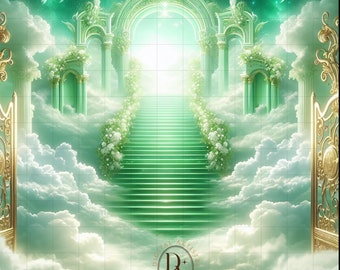 Green Heaven Gates In Loving Memory Template Memorial Button Background Funeral Button Funeral Favors RIP PNG Add Photo, Instant Download