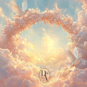 Puede incluir: Dos palomas blancas vuelan a través de una formación de nubes circular hecha de nubes rosadas y blancas. Las nubes están contra un cielo azul con un sol amarillo brillante que brilla a través. El texto "Digital Artistry Creations" está en la parte inferior de la imagen.