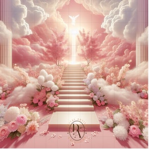 May include: A pink and white wedding backdrop with a staircase leading up to a white angel in the clouds. The backdrop is decorated with pink flowers, white clouds, and a light pink background.