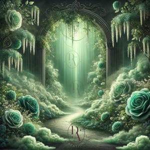 May include: A green, mossy archway leads to a path through a lush, enchanted forest. The archway is adorned with vines and flowers, and the path is lined with green roses and other foliage. The forest is filled with a soft, ethereal light.