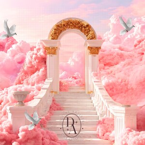 May include: Digital artwork depicting a staircase leading to an archway, set amidst pink clouds and white doves. The archway is embellished with gold detailing, and the staircase features white balustrades. The image evokes a dreamlike, ethereal atmosphere.