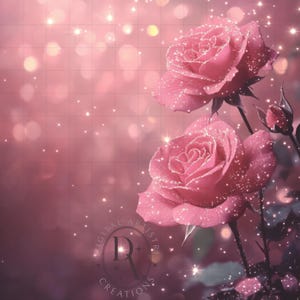 May include: Two pink roses with sparkling glitter accents against a soft pink bokeh background. The image features a grid pattern and a logo in the lower left corner. The roses are in full bloom, with a bud visible.