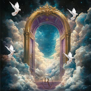 May include: A golden archway with a purple interior leads to a sky filled with clouds. White doves fly around the archway, symbolizing peace and hope.