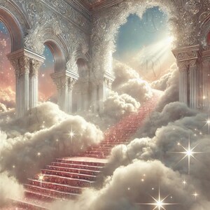Puede incluir: Una escalera al cielo, hecha de escalones rojos, que conducen hacia arriba a través de un arco blanco y hacia un cielo nublado con estrellas. La escalera está rodeada de nubes blancas.