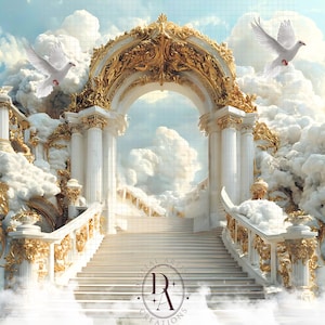 Pode incluir: Impressão de arte digital retratando uma cena celestial. Uma grande escadaria leva a um arco ornamentado com detalhes dourados. Pombas brancas voam entre nuvens fofas. A cena evoca grandeza e serenidade.