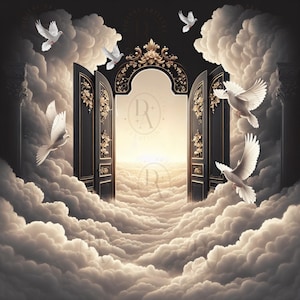 May include: A pair of ornate black doors with gold accents open to reveal a bright, ethereal scene of clouds and a golden light. White doves fly around the doors and through the clouds.