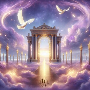 Peut inclure: Une arche dorée avec un chemin qui mène vers le haut, entourée de nuages et de deux colombes blanches volant dans le ciel. L'arche est décorée de détails complexes et une lumière vive brille à travers elle.