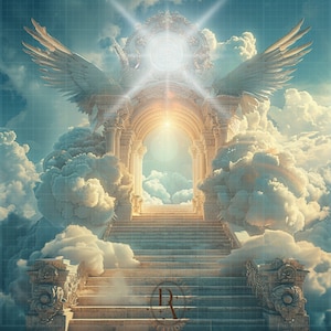 May include: A white stone archway with a golden glow, surrounded by clouds and two large white wings. The archway leads to a stairway that ascends into the sky.