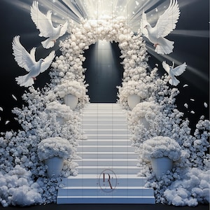 May include: A white wedding archway decorated with white flowers and white doves. The archway is set up in front of a white staircase.