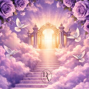Op de afbeelding: Digitale kunstprint met een hemelse scène met een trap die leidt naar gouden poorten, omgeven door roze en paarse wolken. Witte duiven vliegen door de lucht en paarse rozen omlijsten de bovenkant van de afbeelding.