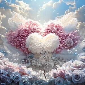 May include: A heart-shaped floral arrangement made of pink roses and white flowers, with feather details. The background is a sky with clouds, creating a romantic and dreamy aesthetic.