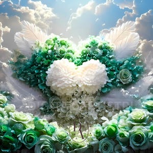 May include: A floral arrangement featuring white and green roses, white feathers, and large white flowers against a backdrop of a cloudy sky. The roses vary in shades of green, creating a gradient effect. The overall theme is romantic and natural.