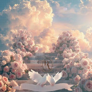 Peut inclure: Deux colombes blanches aux ailes déployées sont perchées sur un escalier orné de roses roses. L'escalier mène à un ciel nuageux avec une douce lueur dorée.