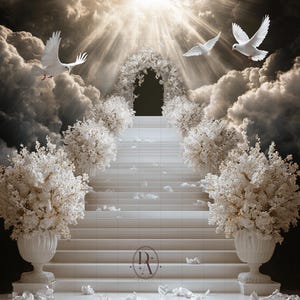 May include: White doves fly above a white staircase leading to a white archway with a dark opening. The staircase is flanked by white flower arrangements in urns.