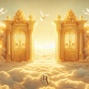 May include: A digital art piece depicting golden gates with ornate details, set against a backdrop of fluffy clouds and a bright sky. White doves are flying near the gates, adding a sense of peace and serenity.