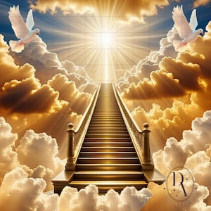 May include: A digital art print depicting a golden staircase ascending towards a bright light in the sky. Fluffy white and gold clouds surround the staircase, and two white doves are in flight. The image has a heavenly theme.