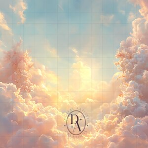 Pode incluir: Impressão de arte digital com um céu de sonho com nuvens fofas cor de pêssego contra um fundo azul claro. A imagem tem uma sobreposição de grade e um logotipo circular com o texto "DIGITAL ARTISTRY CREATIONS".